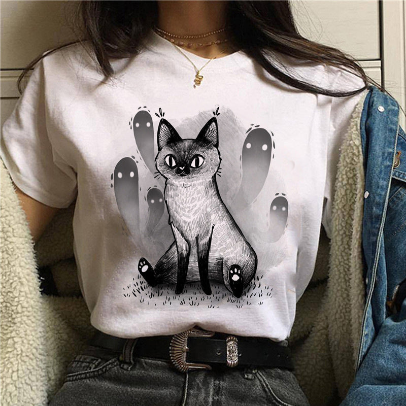 Cat Mushroom Halloween Women's Streetwear Short Sleeves